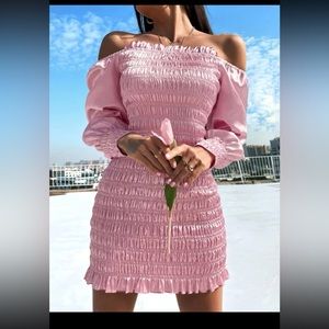 Shein Off Shoulder Bishop Sleeve Shirred Ruffle Trim Satin Bodycon Dress